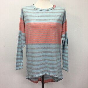 Kate‎ Collection Women's Top Medium Pink Gray Blue Striped Sequin Elbow Patches